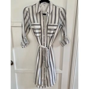 Express Black & White Striped Collared Button Down Dress